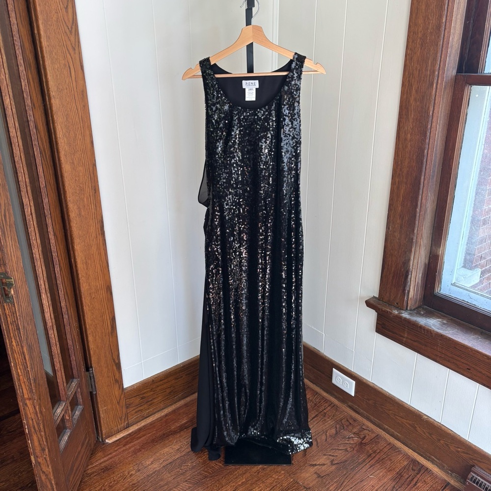 Rene Ruiz Black Sequin Sleeveless Cape Back Evening Gown Cascade Overlay Women 2